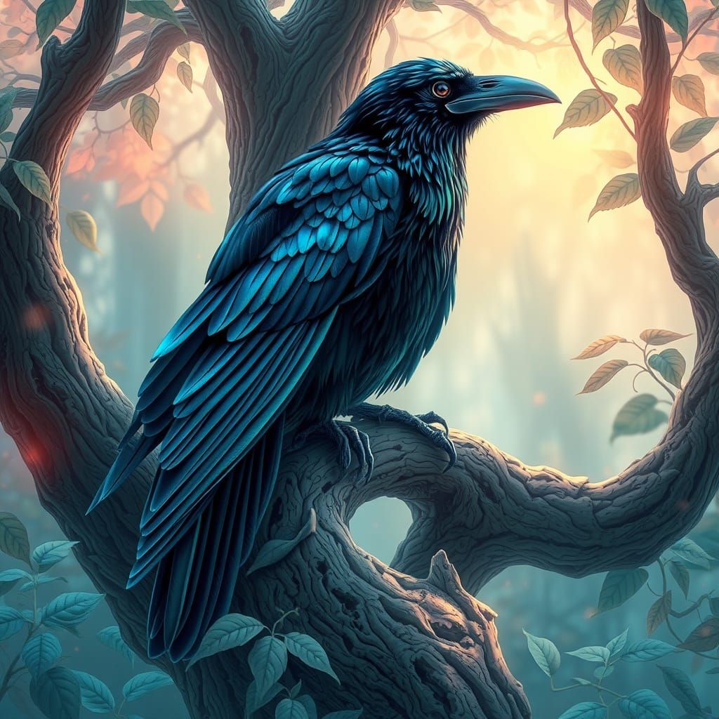 Iridescent Raven in Hidden Grove: Art Nouveau Cyberpunk