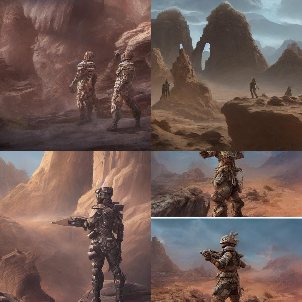 Futuristic Soldiers on Desert Rock Formation