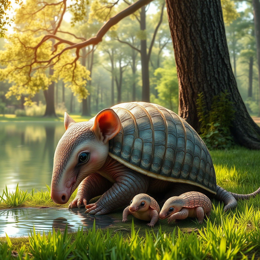 Armadillo Family at Lakeside in Hyperrealistic Style