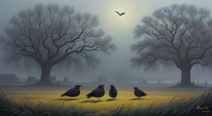 Crows Feeding Under Oak: Dramatic Digital Painting