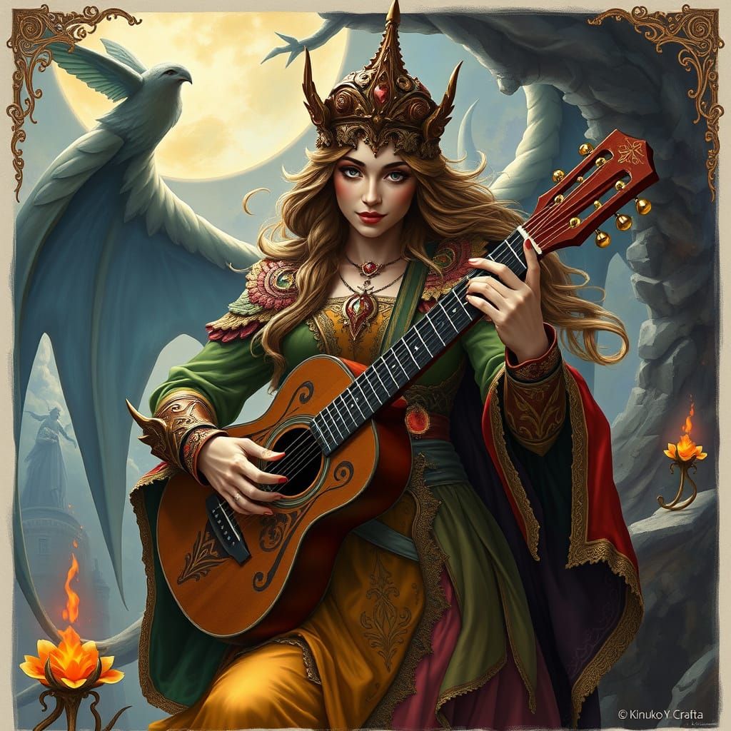 Medieval Bard Woman Playing Guitar in Fantasy Realm