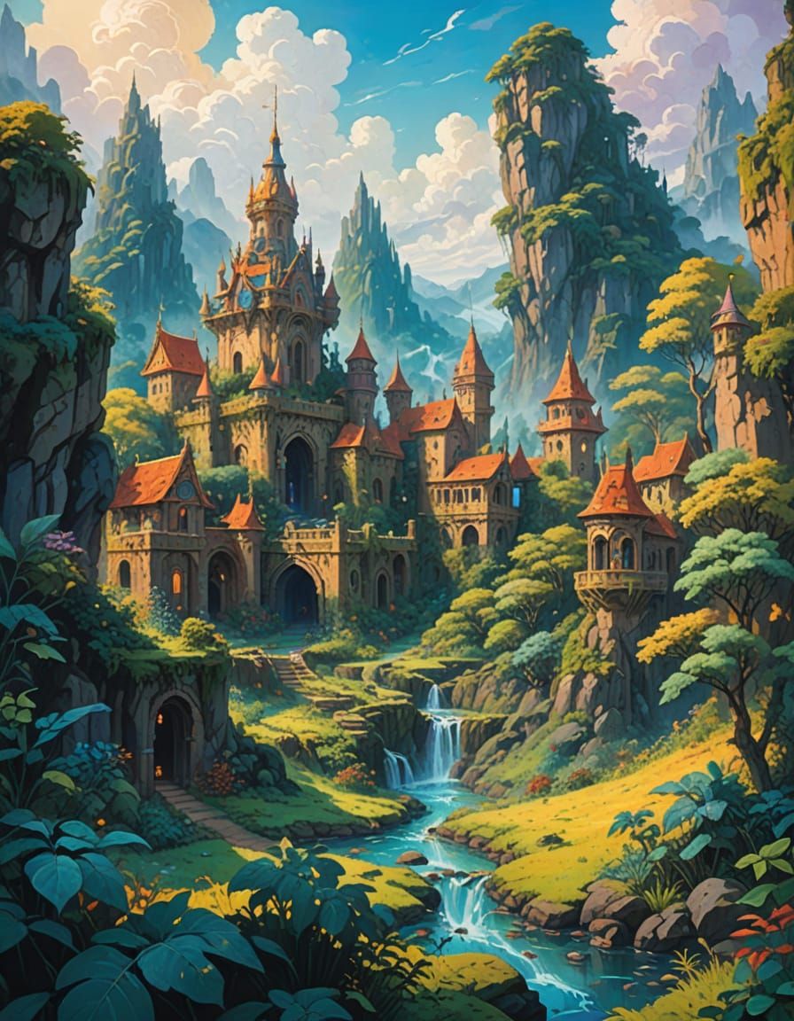 Overgrown Fantasy Kingdom in Impasto Gouache Style