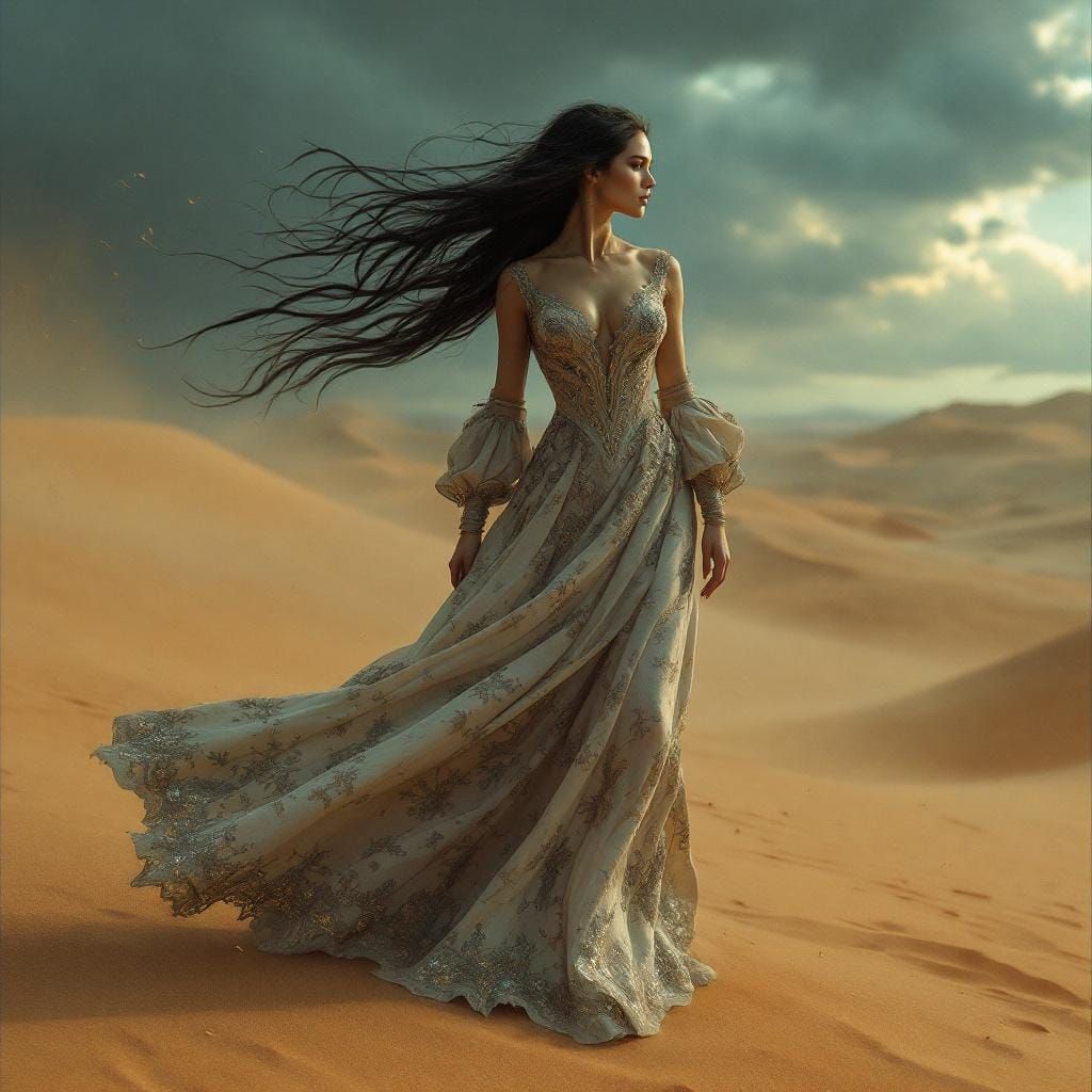 Woman in Victorian Dress Amidst Sandstorm