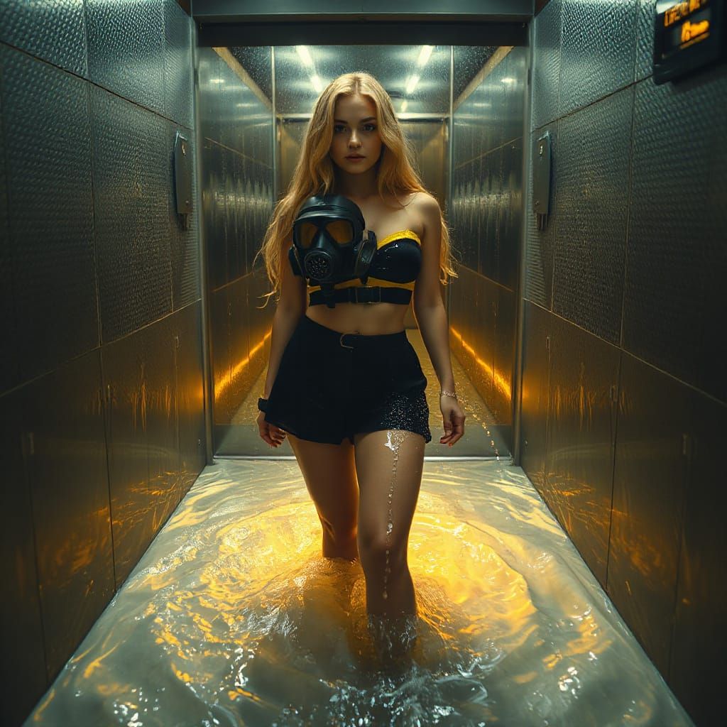 Woman in Flooded Elevator with Yellow Eyes
