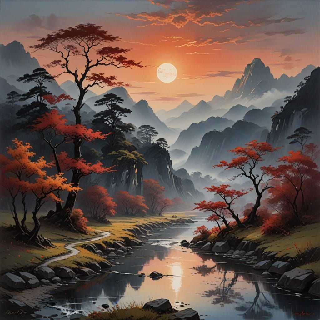 Dark Tree Silhouettes in a Serene Valley Landscape