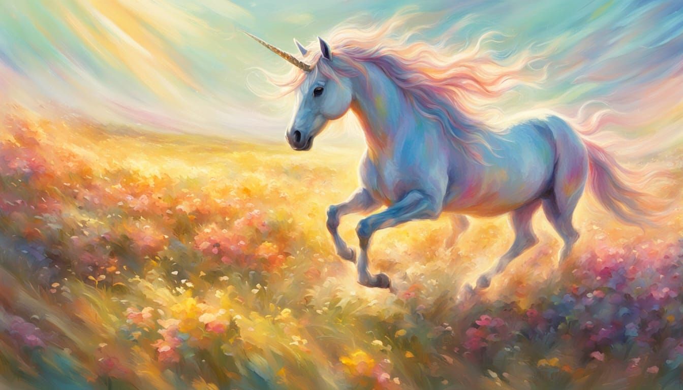 Impressionistic Unicorn Running in Golden Sunlight