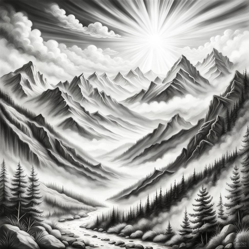Misty Mountain Landscape in Charcoal with Sunbeams