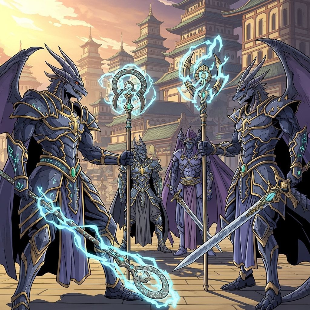 Dragonfolk Warriors and Mages in a Vibrant Manga City