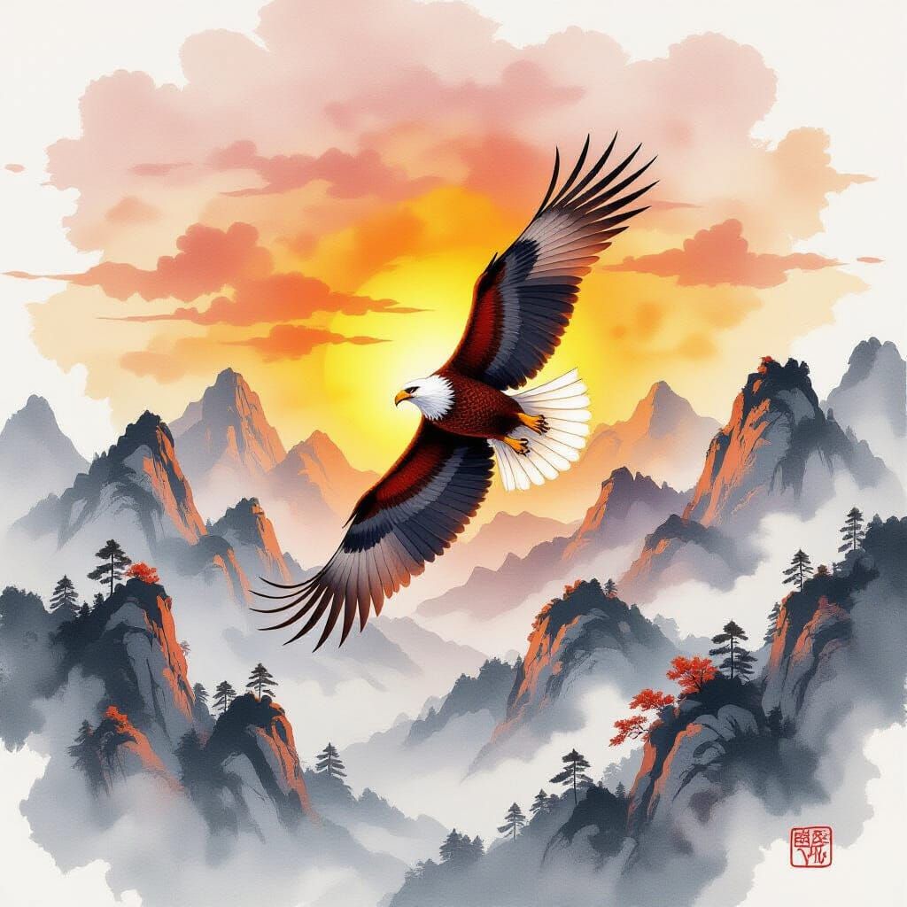 Eagle in Autumn Mountains: Ink and Watercolor Painting