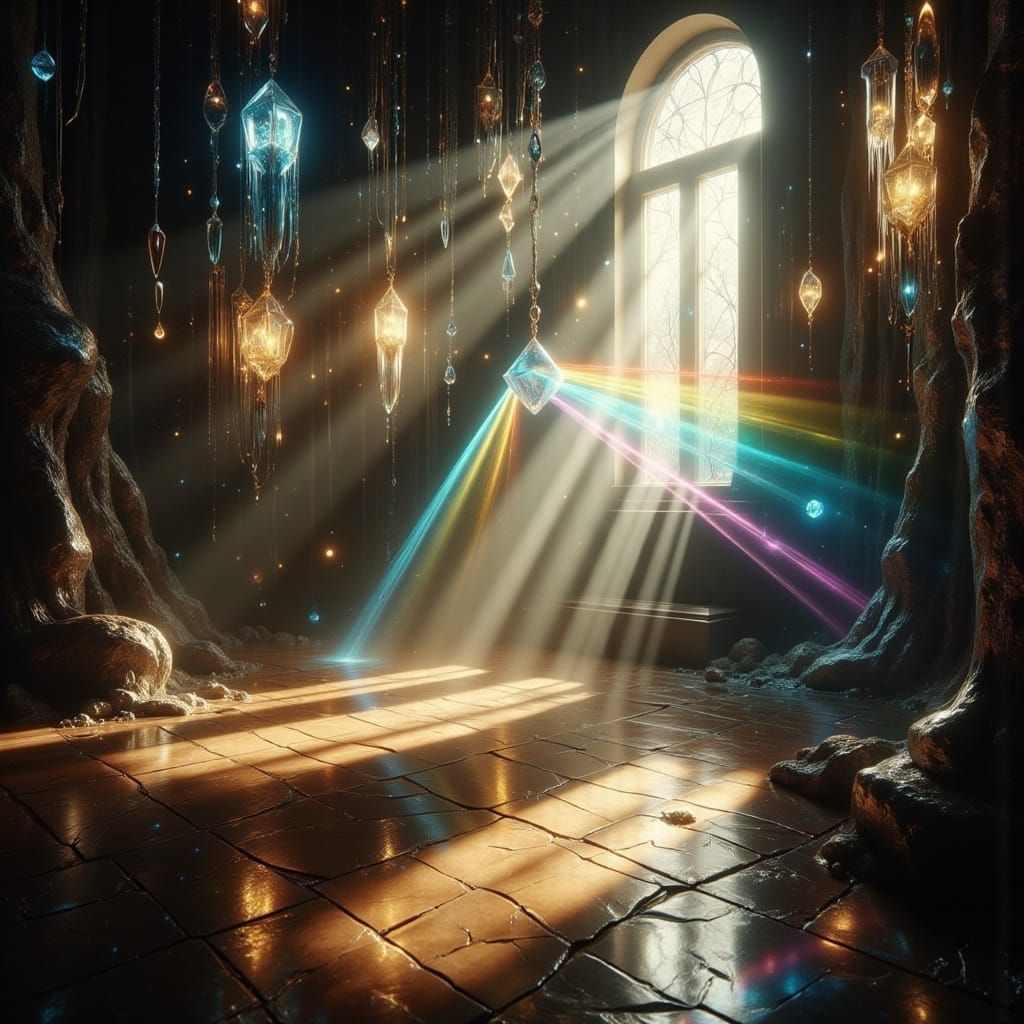 Sunlight Refraction Through Crystal Prism Creates Rainbow
