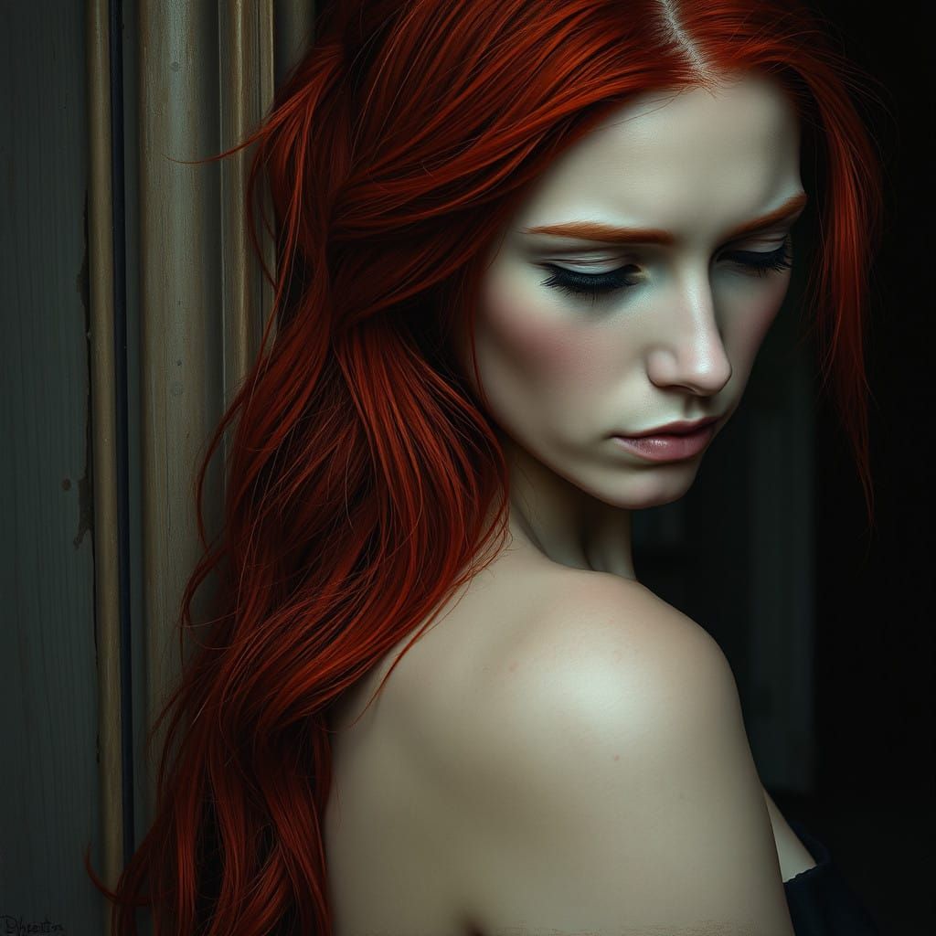 Mysterious Woman Leans on Weathered Door, Lost in Despair