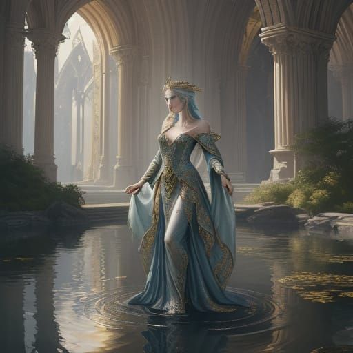 Regal Medieval Woman Contemplates Mystical Pool