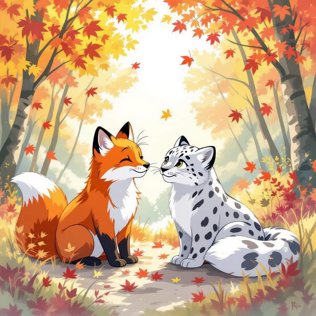 Fox and Leopard in Anime Autumn Landscape