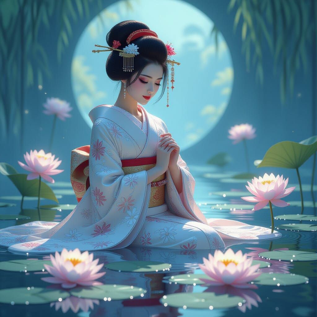 Celestial Geisha in Glowing Water Lilies: Digital Art