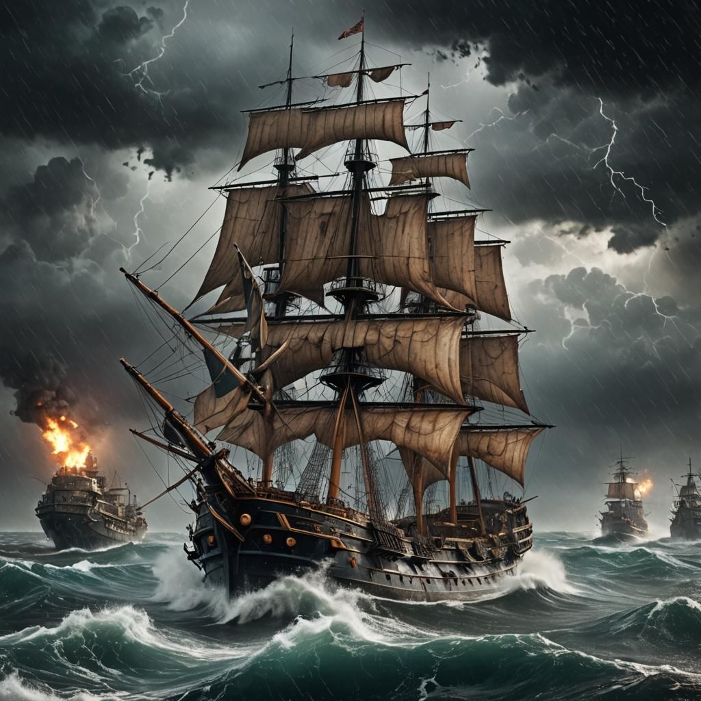 Warship Navigates Stormy Seas: Detailed Matte Painting