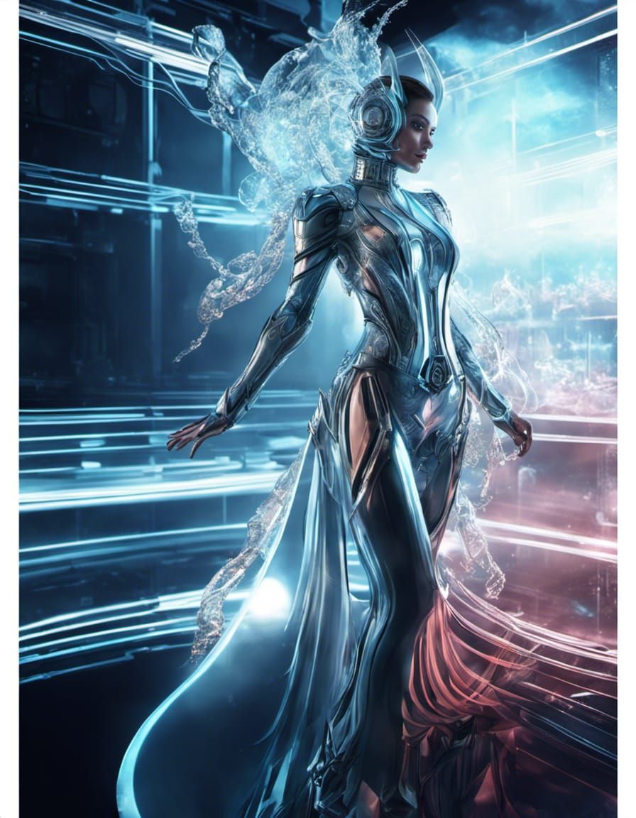 Translucent Cybernetic Woman in Cyberpunk Forest