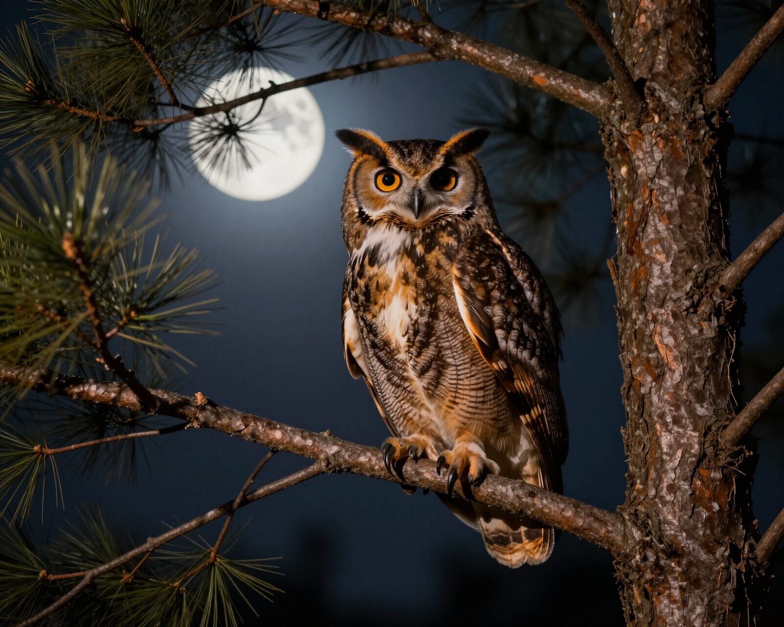 Great Horned Owl in Moonlit Forest, Giger Style