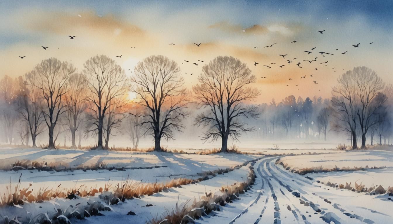Ethereal Winter Landscape Watercolor Painting