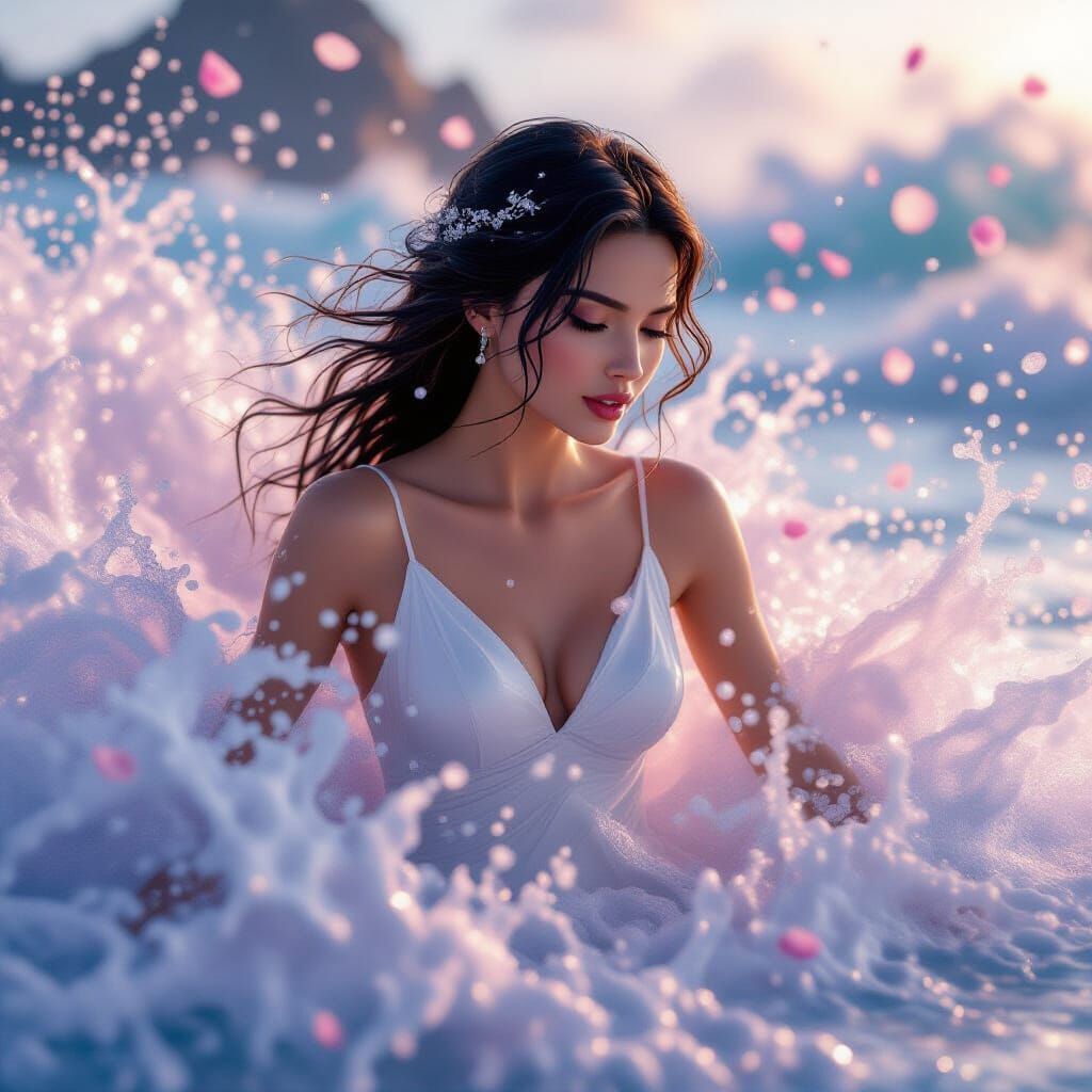 Woman in White Dress Amidst Water Splash and Petals