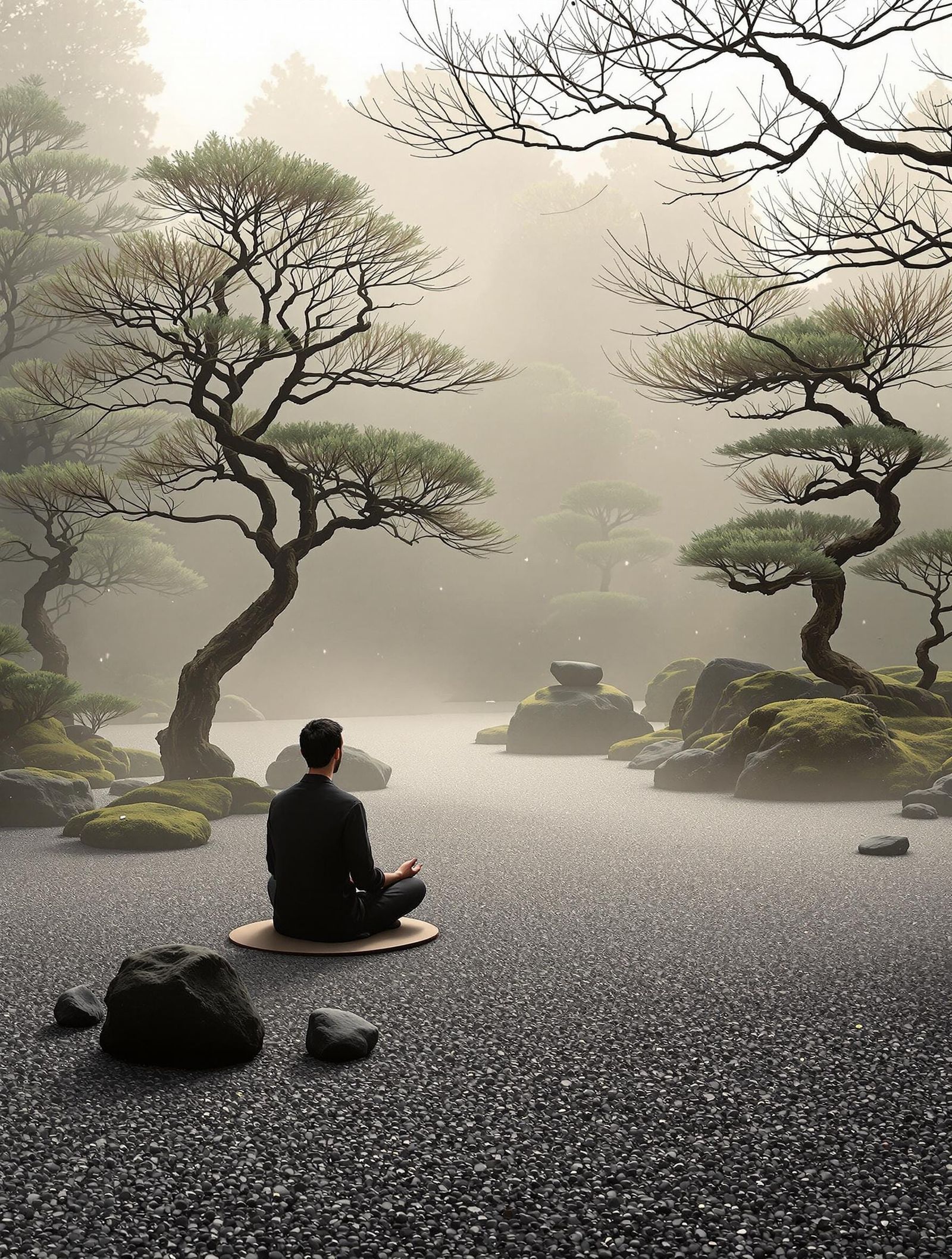 Serene Zen Garden at Dawn with Meticulously Raked Gravel