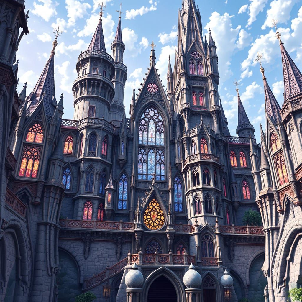 Surreal Castle with Intricate Stone Carvings and Vibrant Sta...