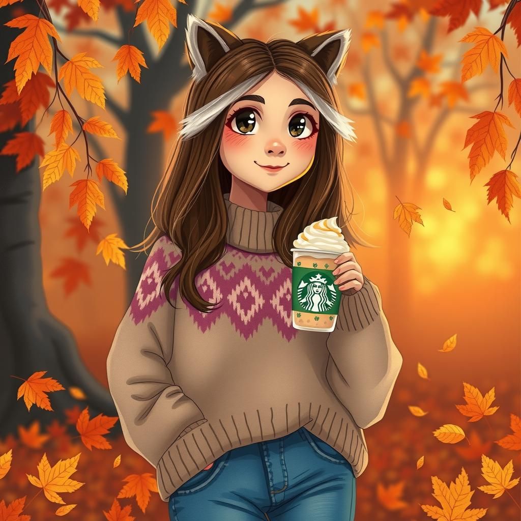Raccoon Woman Enjoys Autumn Frappuccino, Digital Illustratio...