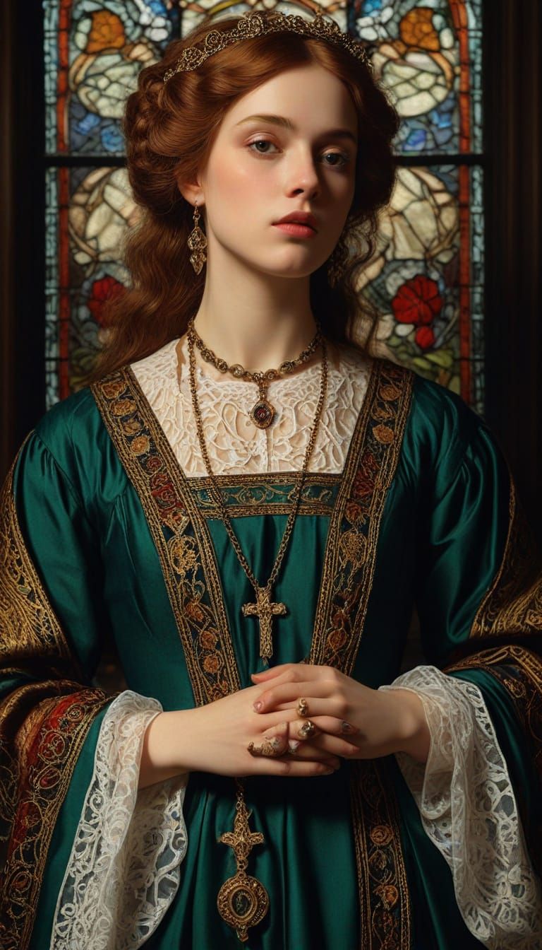 A Victorian Lady in Ornate Robes, Lost in Prayer