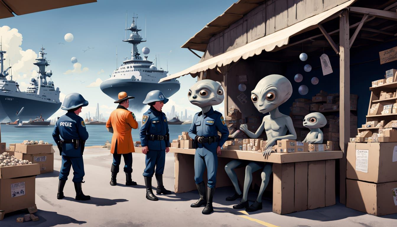 Alien Con Man Selling Wares at Spaceport Market