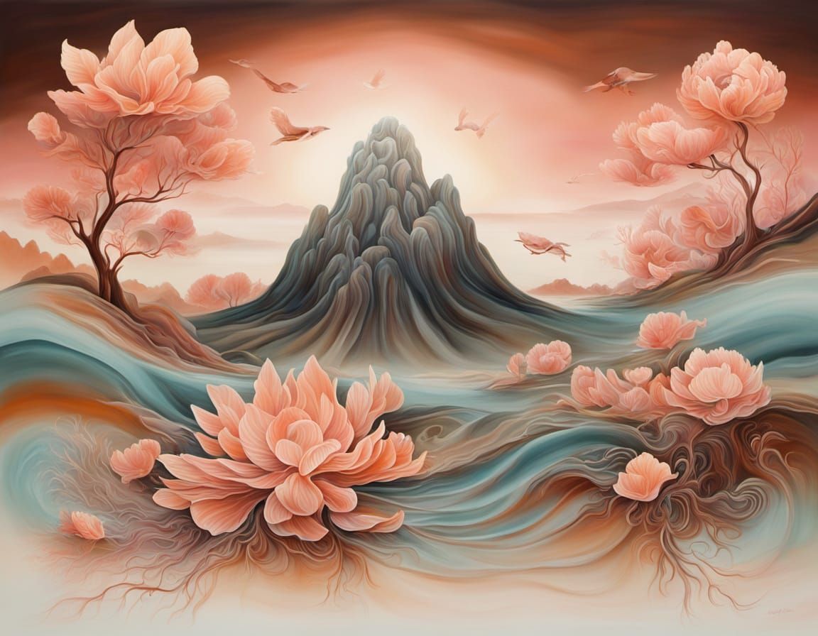 Surreal Apricot Seaweed Iceberg Fiord in Ochre and Pink