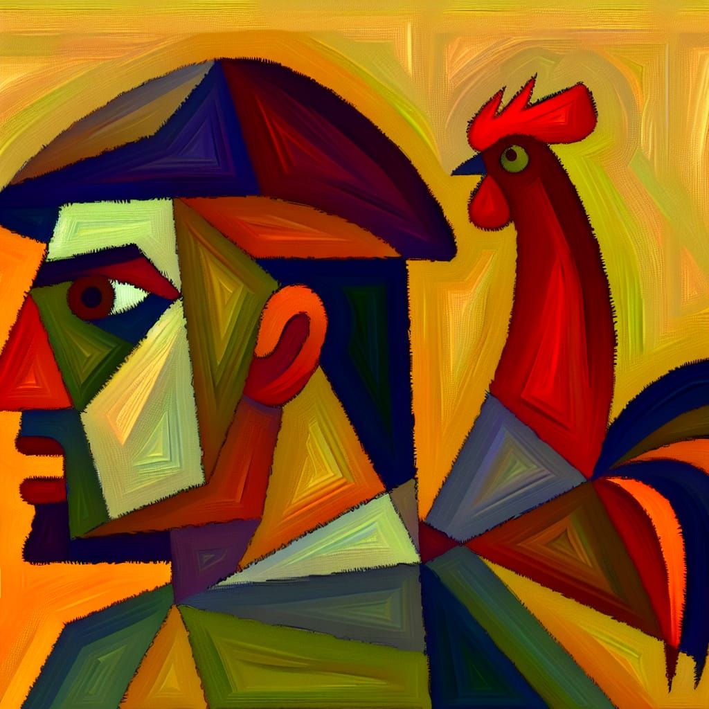 Entrepreneur and Roosters in Cubist Style