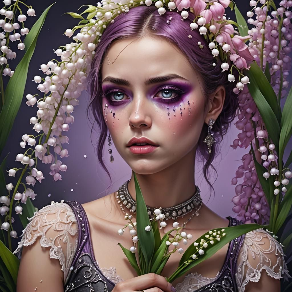 Sad Punk Woman with Lily of the Valley Bouquet