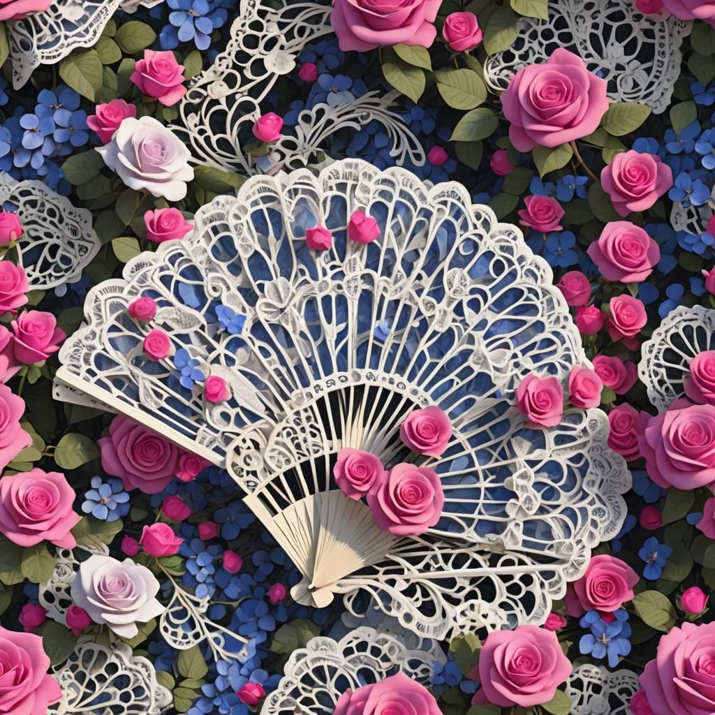 Lace Fan with Roses in Lush Garden Setting