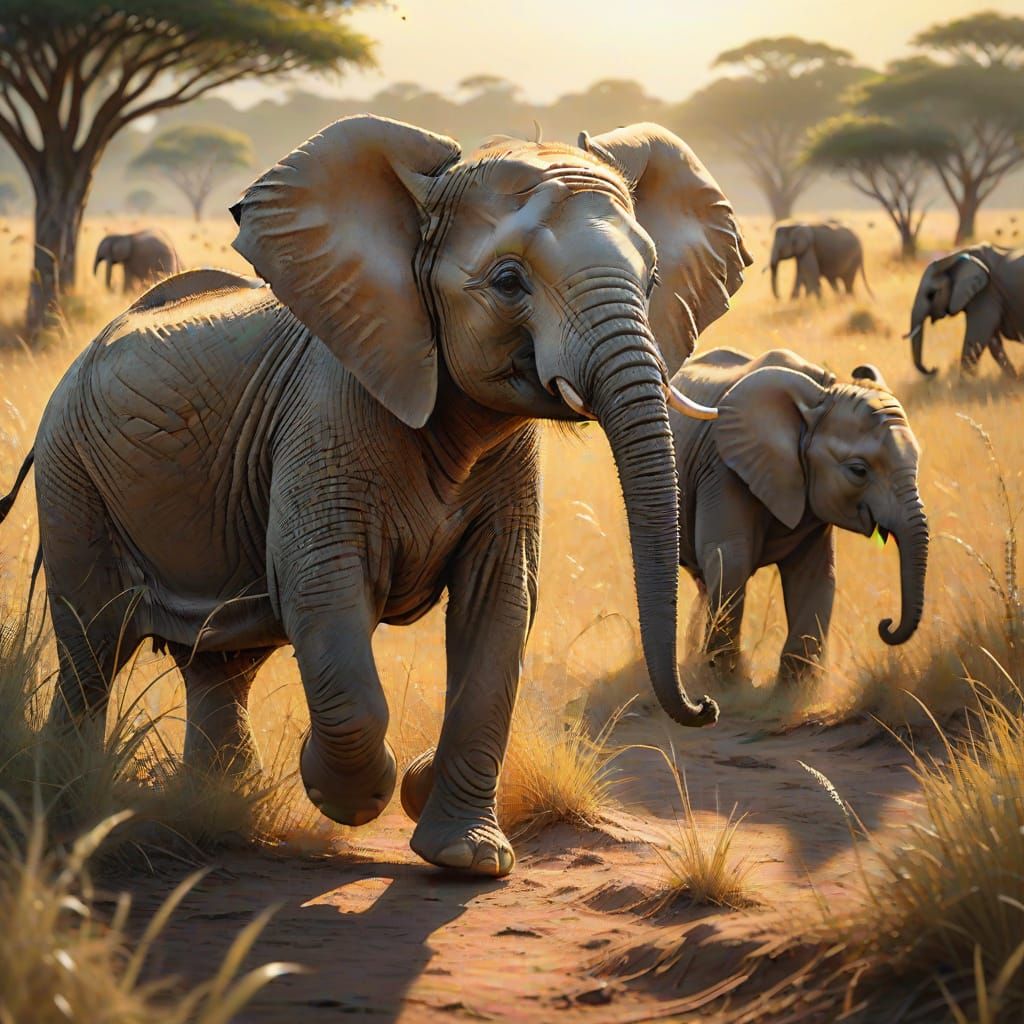 Little Elephant Calf Breaks Free in Vibrant Savannah Landsca...