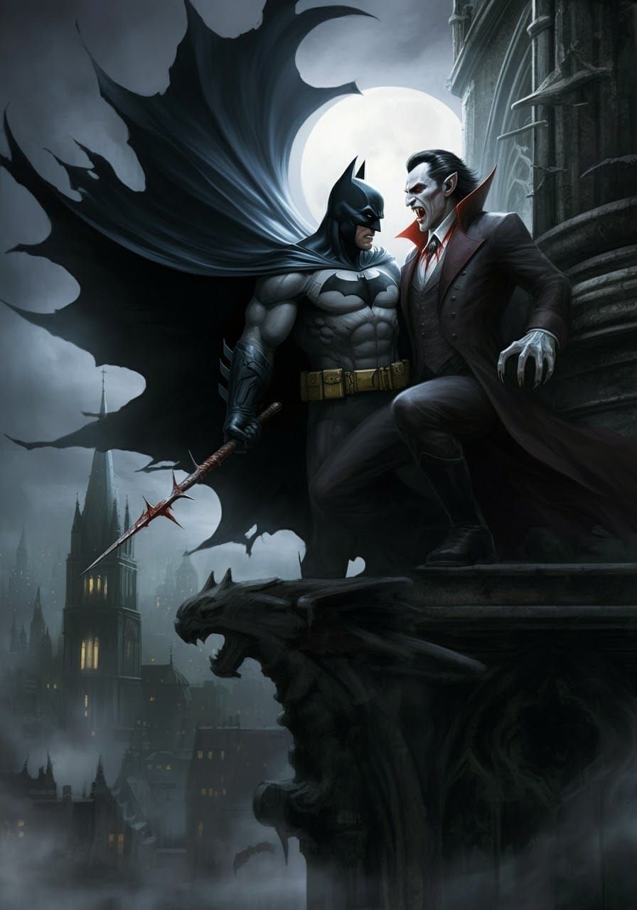 Batman vs Dracula on Gotham Cathedral Roof