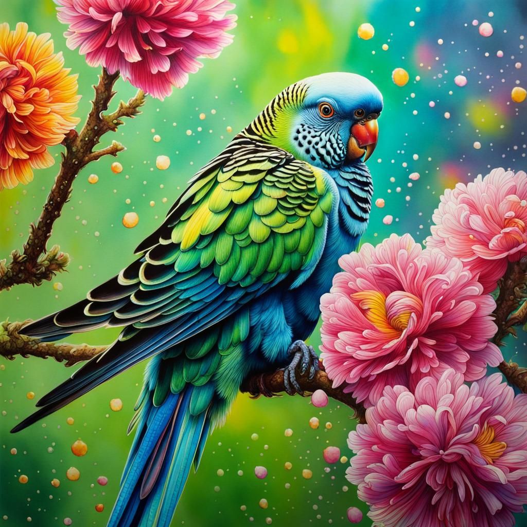 Vibrant Parakeet in Watercolor and Ink Splatter Style