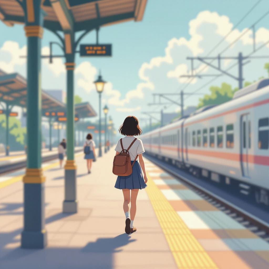 Pastel Train Platform Scene in Miyazaki Style