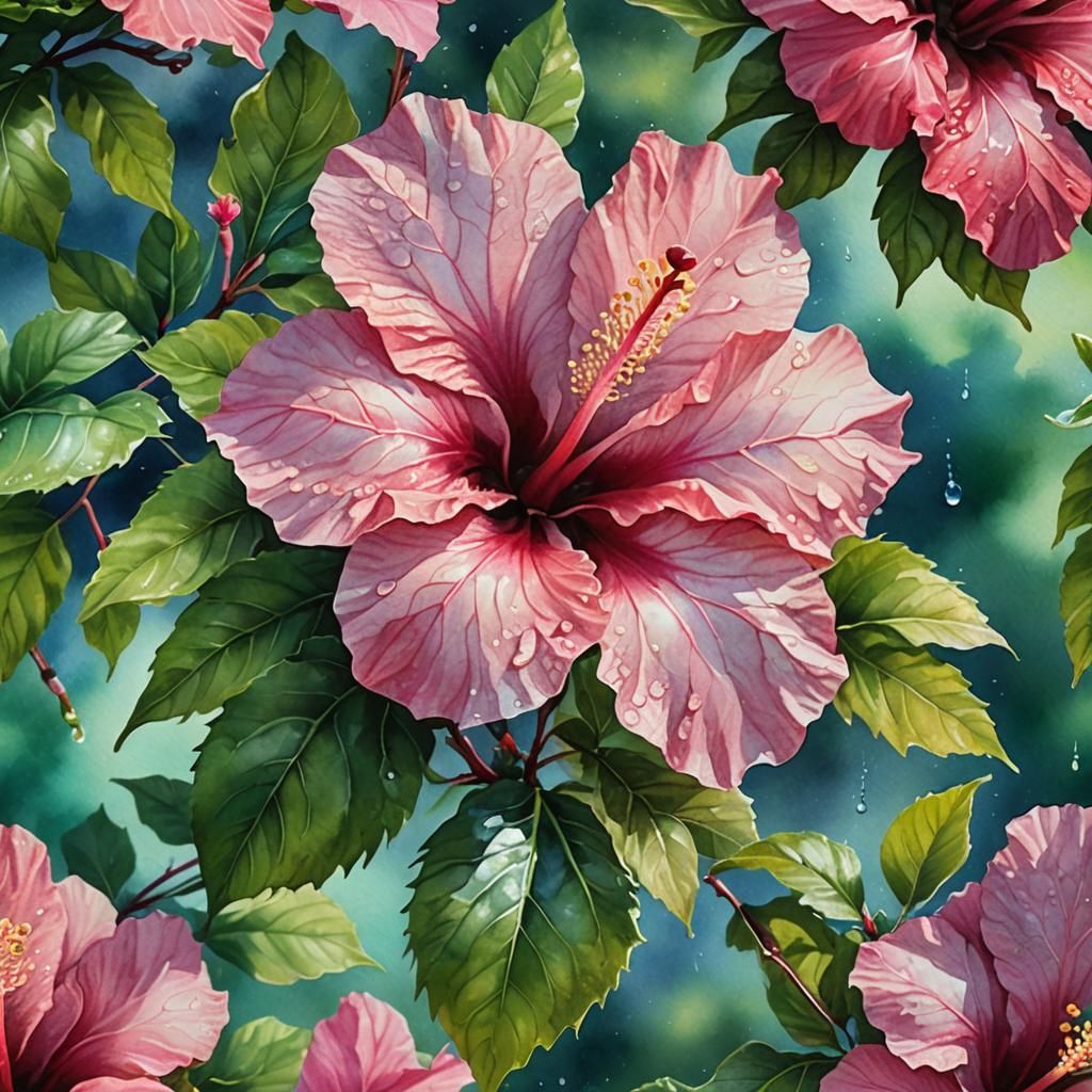 Pink Hibiscus Watercolor Painting in Art Nouveau Style