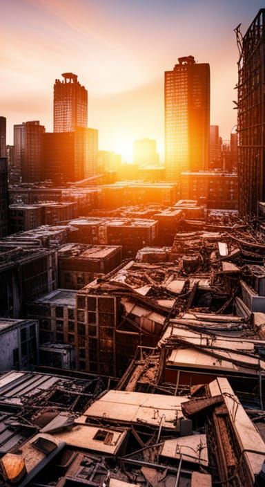 Post-Apocalyptic City Reclaimed by Nature at Sunset