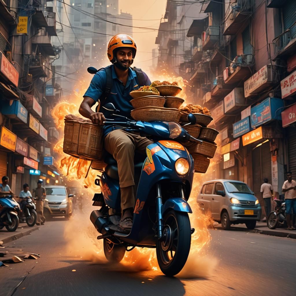 Indian Delivery Guy Rides Scooter in Neon Mumbai