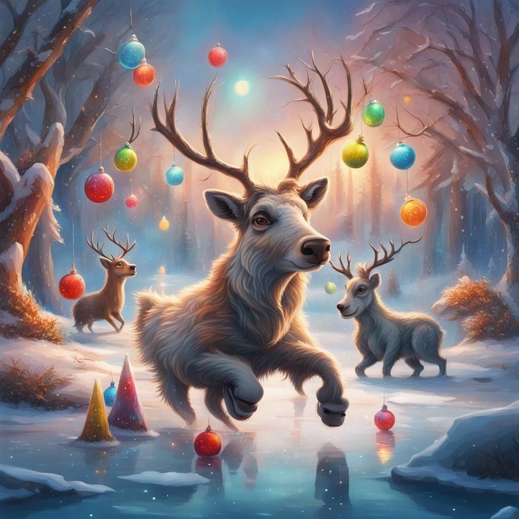 Festive Animals Dance on Frozen Lake: Hyperrealistic Art