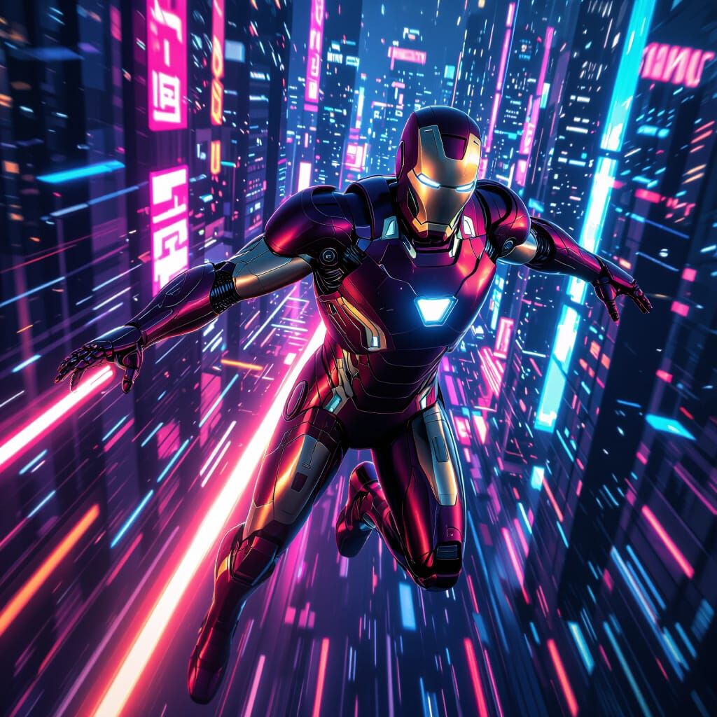 Ironman Flies Through Futuristic Cityscape