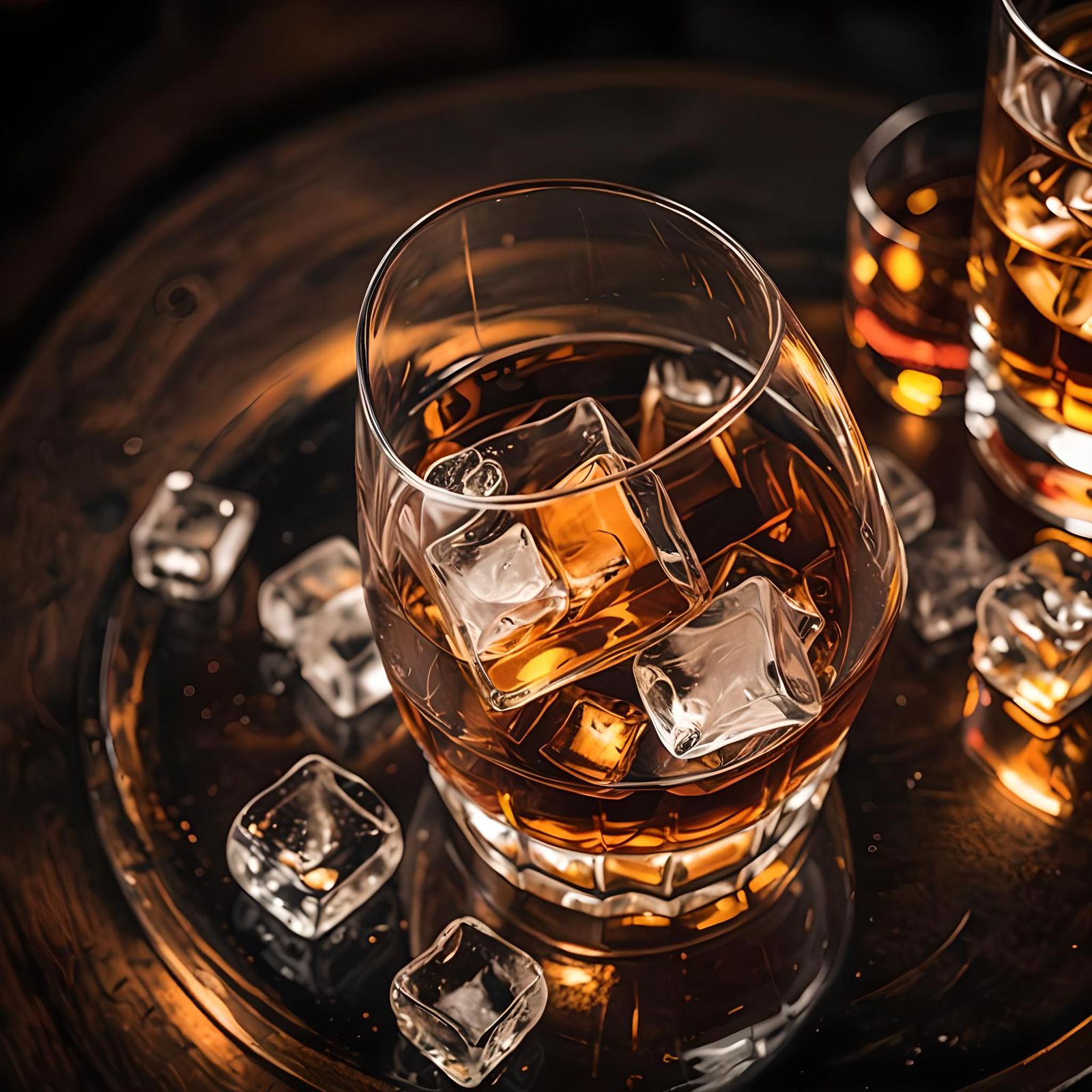 Whiskey Tumbler with Ice Cubes in Cozy Bar