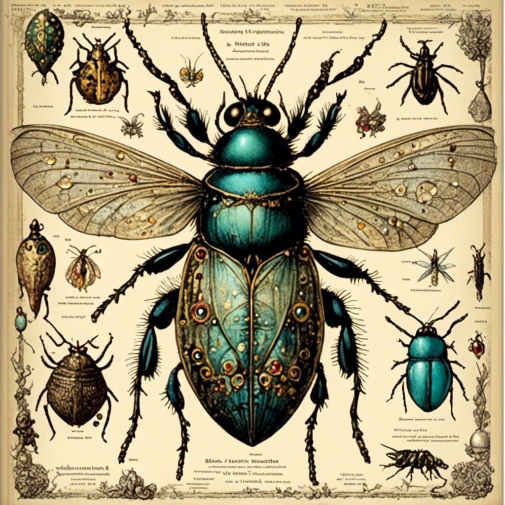 Gothic Jeweled Insects on Vintage Paper