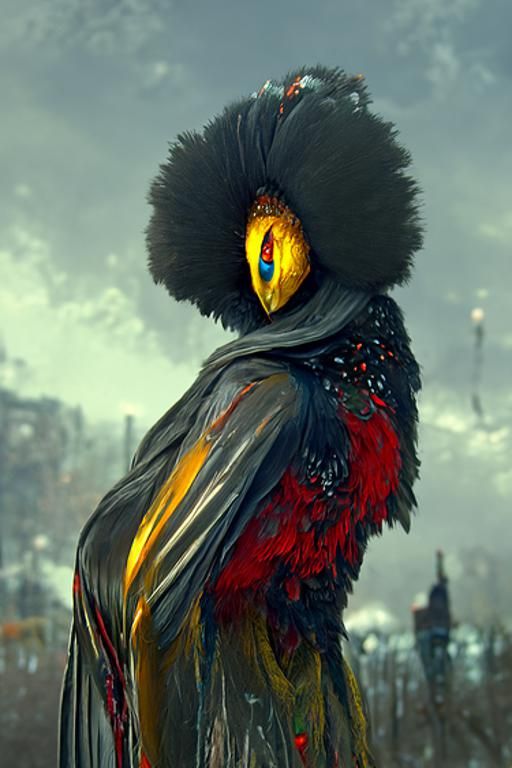 Regal Bird-Woman with Afro in Hyperreal Style