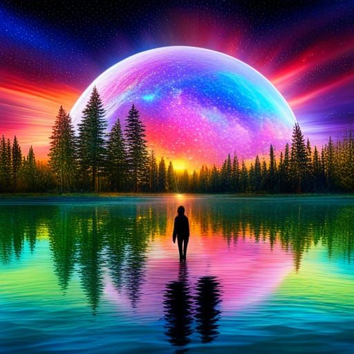 Rainbow Lake Sunset in Cosmic Style