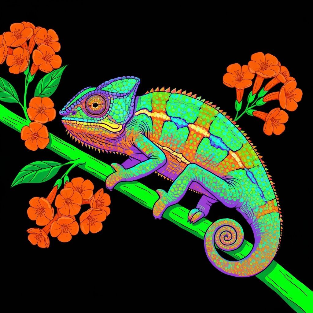 Psychedelic Neon Chameleon on Branch in Pop Art