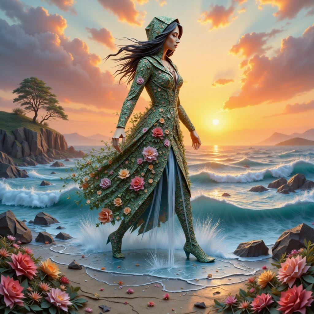 Woman in Hoodie with Sunset and Winter Stream