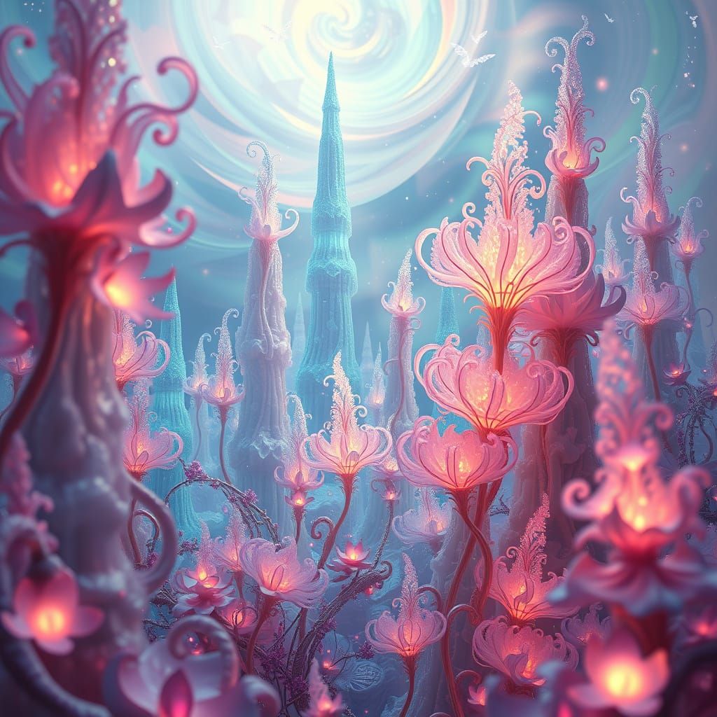 Dreamlike Bioluminescent Landscape in Vibrant, Shimmering Co...