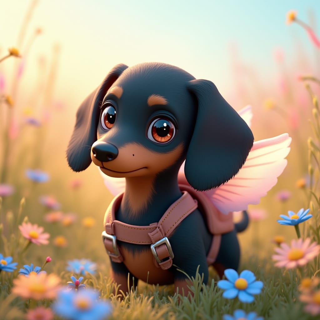 Black Dachshund with Wings in Flower Field, 3D Anime Style