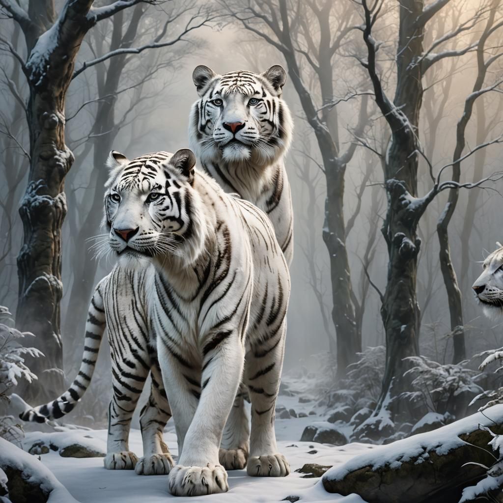 Majestic White Tiger, Leopard, and Lion Hybrid in Forest